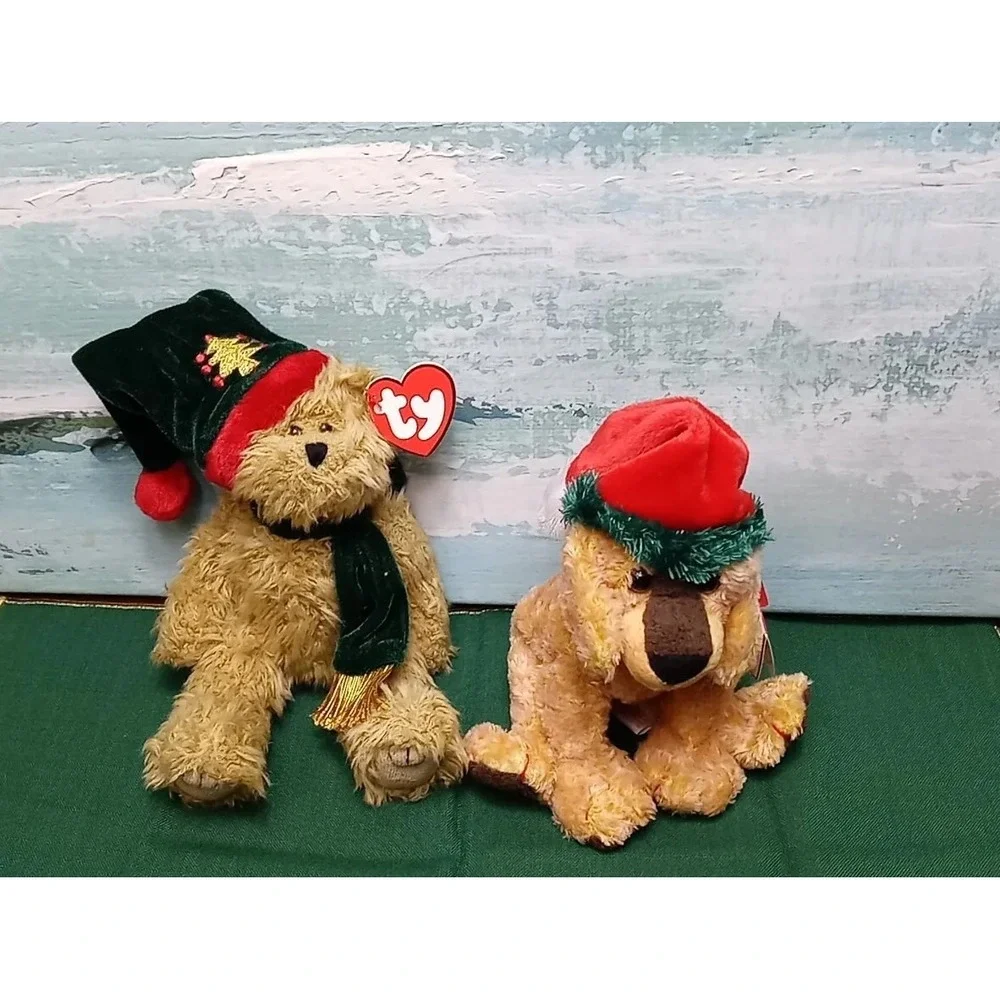 Lot Of 2 Christmas TY Beanie Babies JinglePup & Spruce Attic Treasures Santa Hat